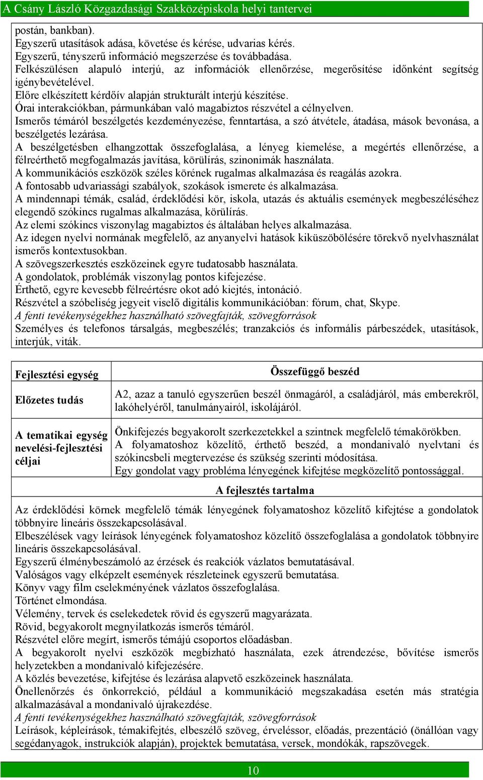 Órai interakciókban, pármunkában való magabiztos részvétel a célnyelven. Ismerős témáról beszélgetés kezdeményezése, fenntartása, a szó átvétele, átadása, mások bevonása, a beszélgetés lezárása.