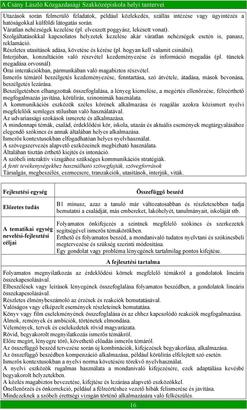 Interjúban, konzultáción való részvétel kezdeményezése és információ megadás (pl. tünetek megadása orvosnál). Órai interakciókban, pármunkában való magabiztos részvétel.