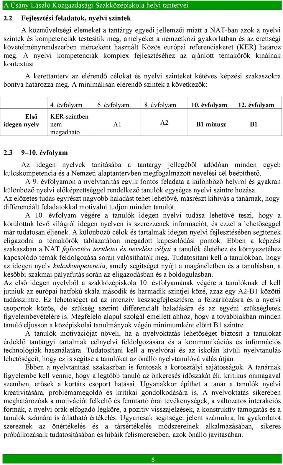 A nyelvi kompetenciák komplex fejlesztéséhez az ajánlott témakörök kínálnak kontextust. A kerettanterv az elérendő célokat és nyelvi szinteket kétéves képzési szakaszokra bontva határozza meg.