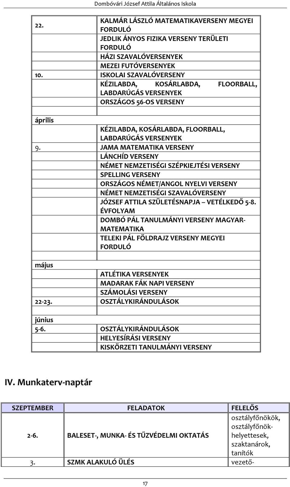 JAMA MATEMATIKA VERSENY LÁNCHÍD VERSENY NÉMET NEMZETISÉGI SZÉPKIEJTÉSI VERSENY SPELLING VERSENY ORSZÁGOS NÉMET/ANGOL NYELVI VERSENY NÉMET NEMZETISÉGI SZAVALÓVERSENY JÓZSEF ATTILA SZÜLETÉSNAPJA