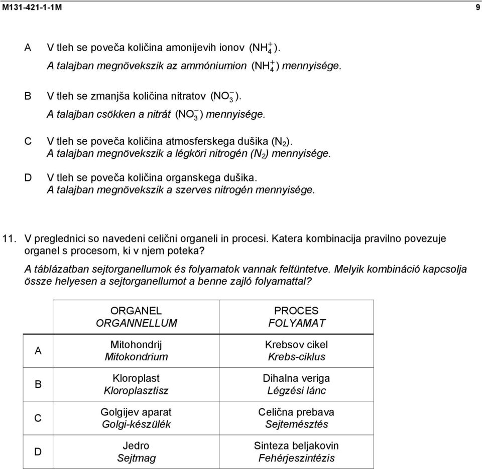 V tleh se poveča količina organskega dušika. talajban megnövekszik a szerves nitrogén mennyisége. 11. V preglednici so navedeni celični organeli in procesi.