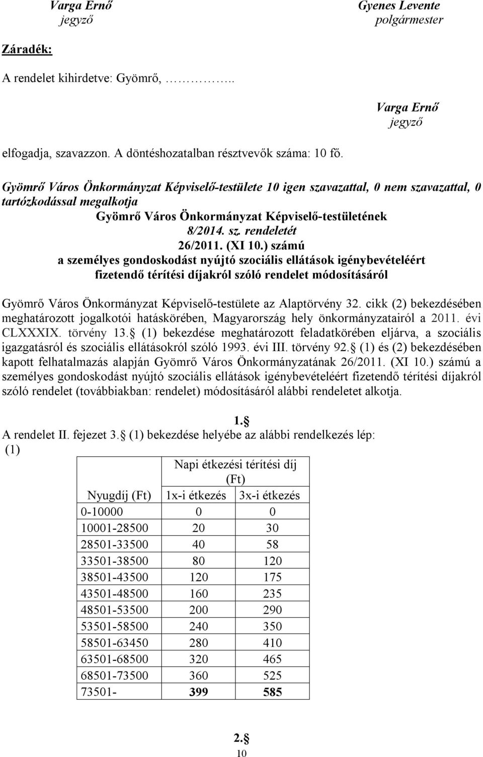 ) számú a személyes gondoskodást nyújtó szociális ellátások igénybevételéért fizetendő térítési díjakról szóló rendelet módosításáról az Alaptörvény 32.