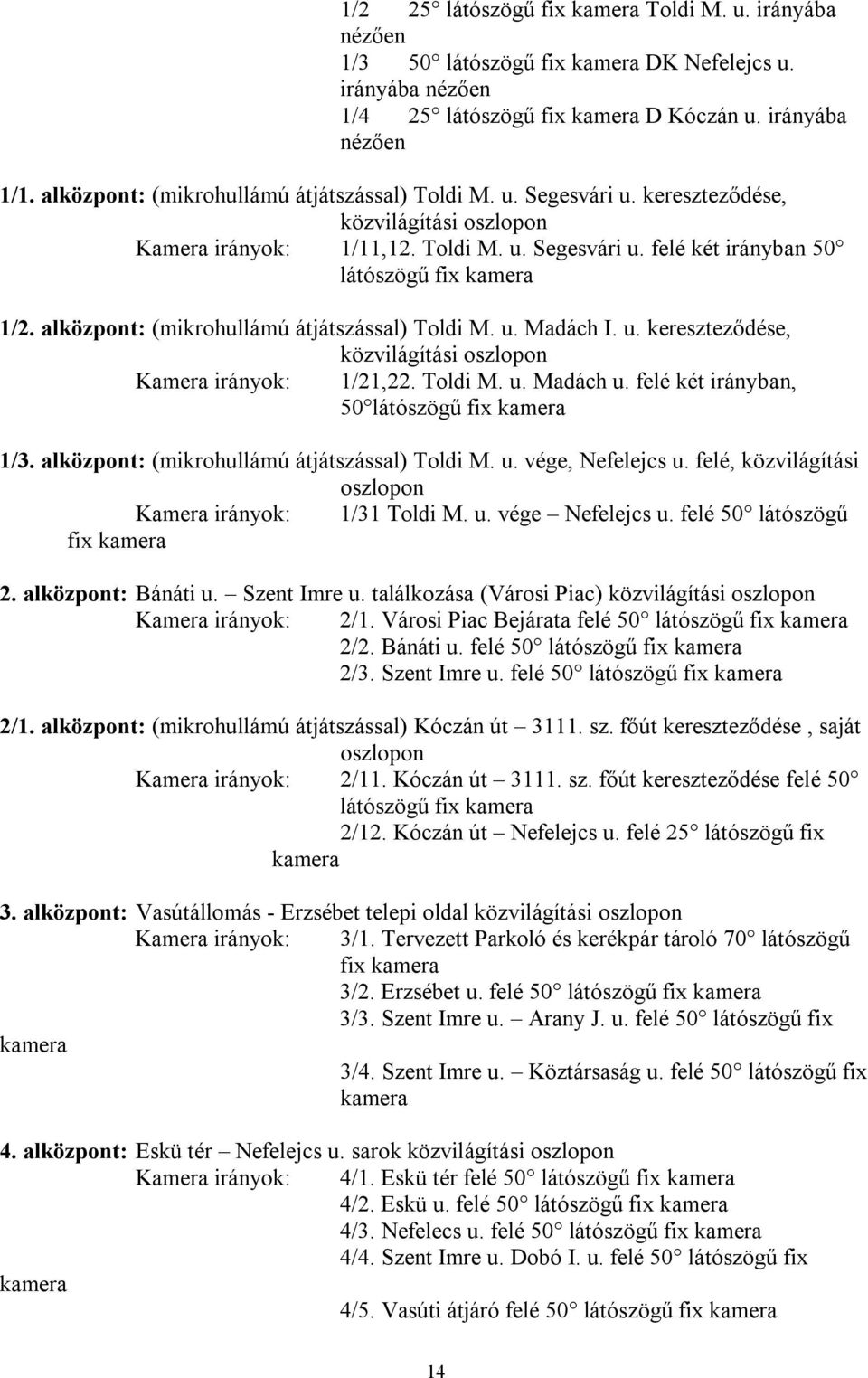 Toldi M. u. Madách u. felé két irányban, 50 látószögű fix 1/3. alközpont: (mikrohullámú átjátszással) Toldi M. u. vége, Nefelejcs u. felé, közvilágítási oszlopon Kamera irányok: 1/31 Toldi M. u. vége Nefelejcs u.