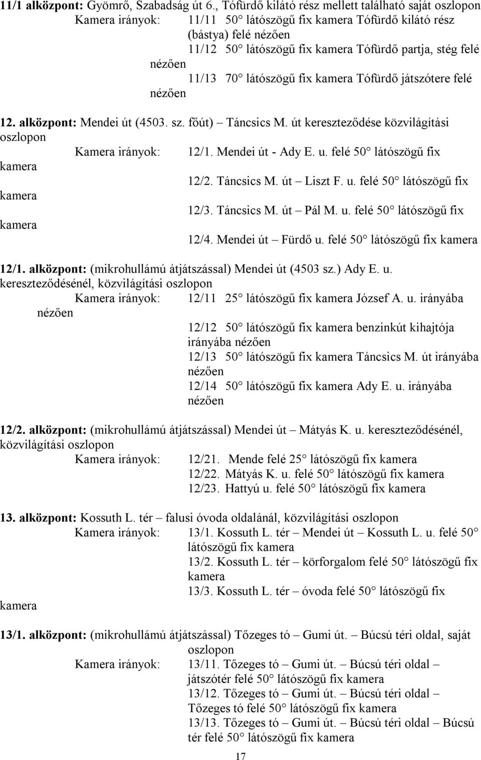 Tófürdő játszótere felé 12. alközpont: Mendei út (4503. sz. főút) Táncsics M. út kereszteződése közvilágítási oszlopon Kamera irányok: 12/1. Mendei út - Ady E. u. felé 50 látószögű fix 12/2.