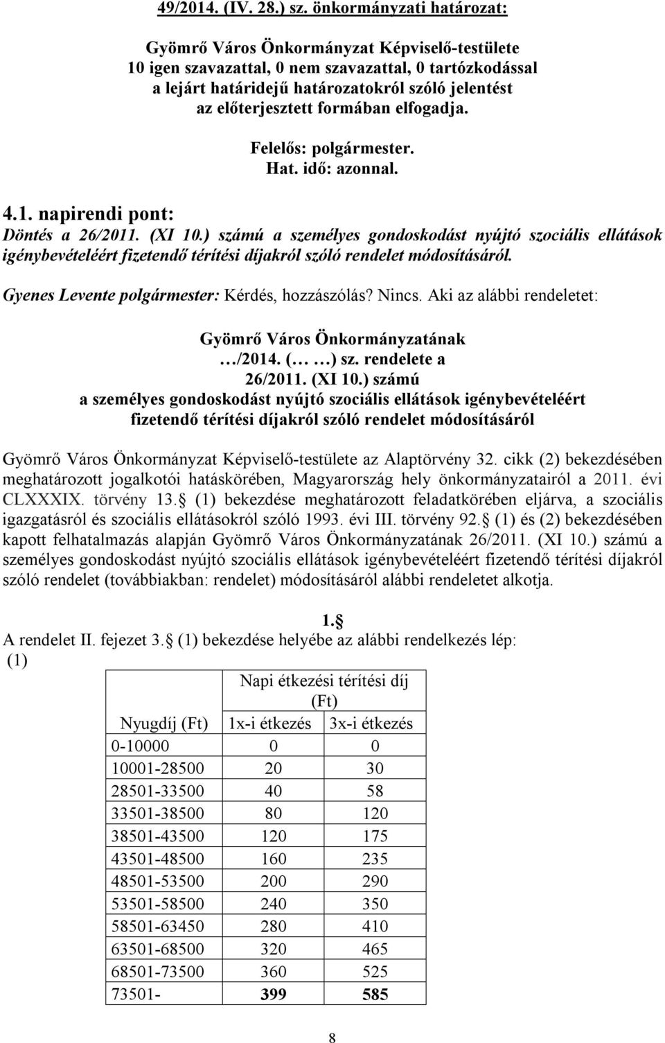 Aki az alábbi rendeletet: Gyömrő Város Önkormányzatának /2014. ( ) sz. rendelete a 26/2011. (XI 10.