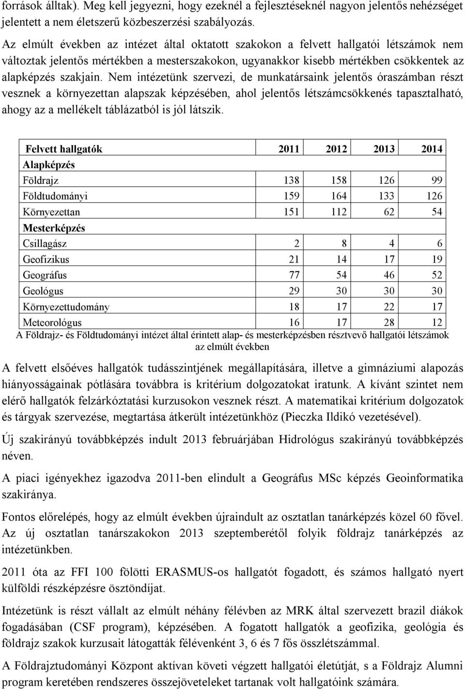 Nem intézetünk szervezi, de munkatársaink jelentős óraszámban részt vesznek a környezettan alapszak képzésében, ahol jelentős létszámcsökkenés tapasztalható, ahogy az a mellékelt táblázatból is jól