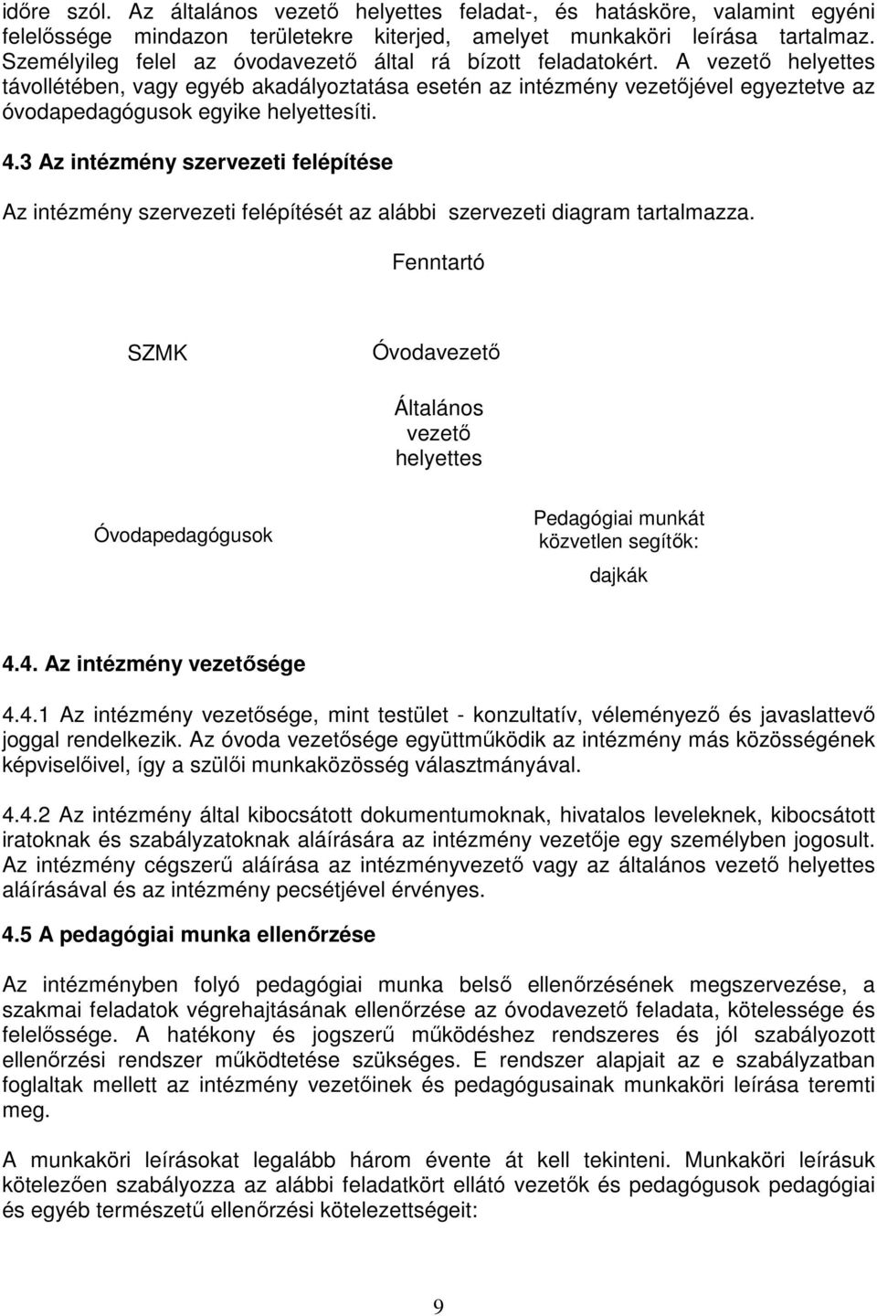 A vezető helyettes távollétében, vagy egyéb akadályoztatása esetén az intézmény vezetőjével egyeztetve az óvodapedagógusok egyike helyettesíti. 4.