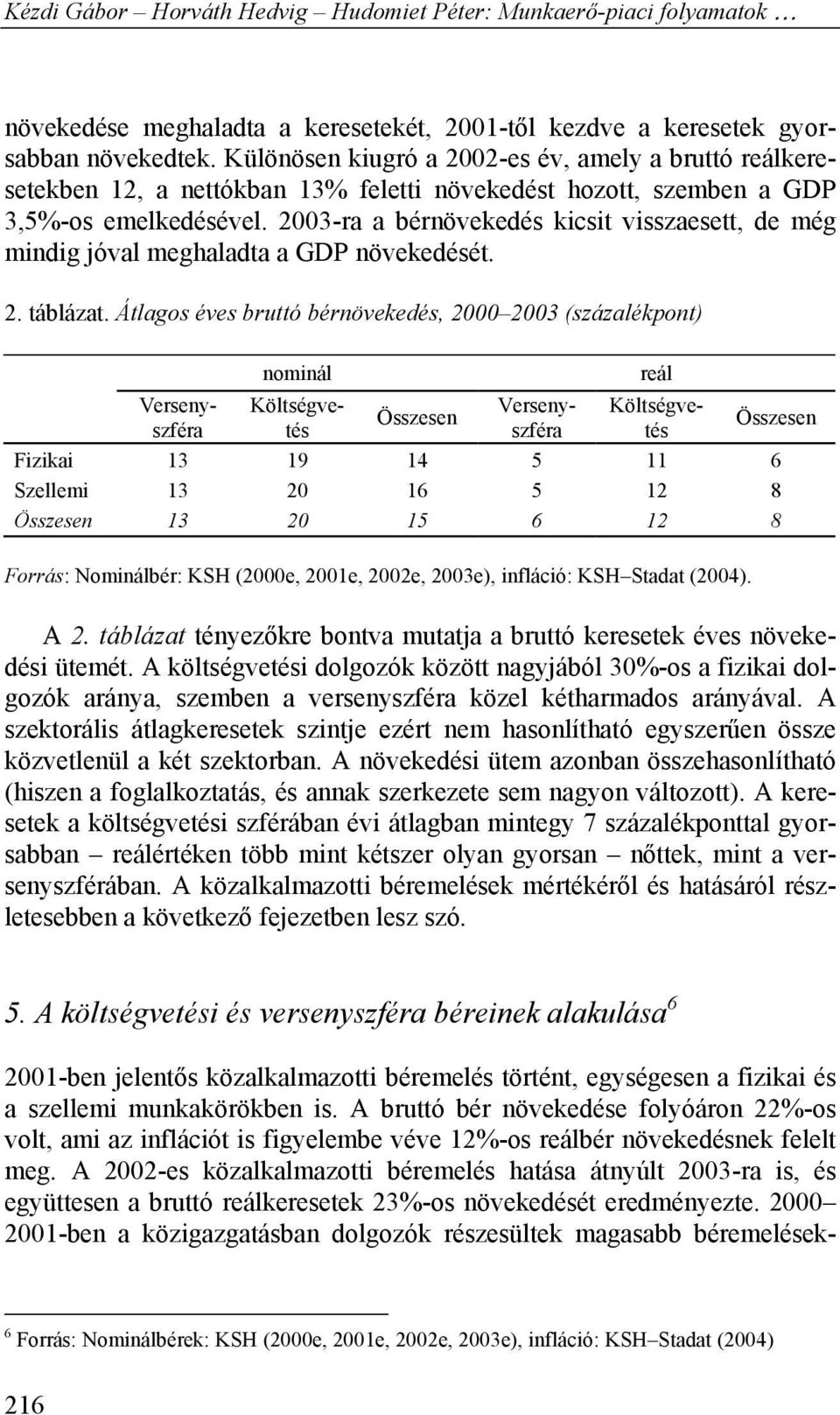 2003-ra a bérnövekedés kicsit visszaesett, de még mindig jóval meghaladta a GDP növekedését. 2. táblázat.