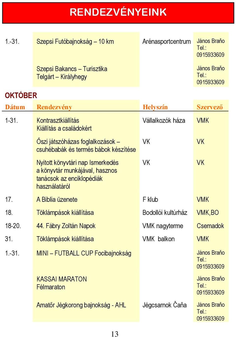 munkájával, hasznos tanácsok az enciklopédiák használatáról Vállalkozók háza 17. A Biblia üzenete F klub 18. Töklámpások kiállítása Bodollói kultúrház,bo 18-20. 44.