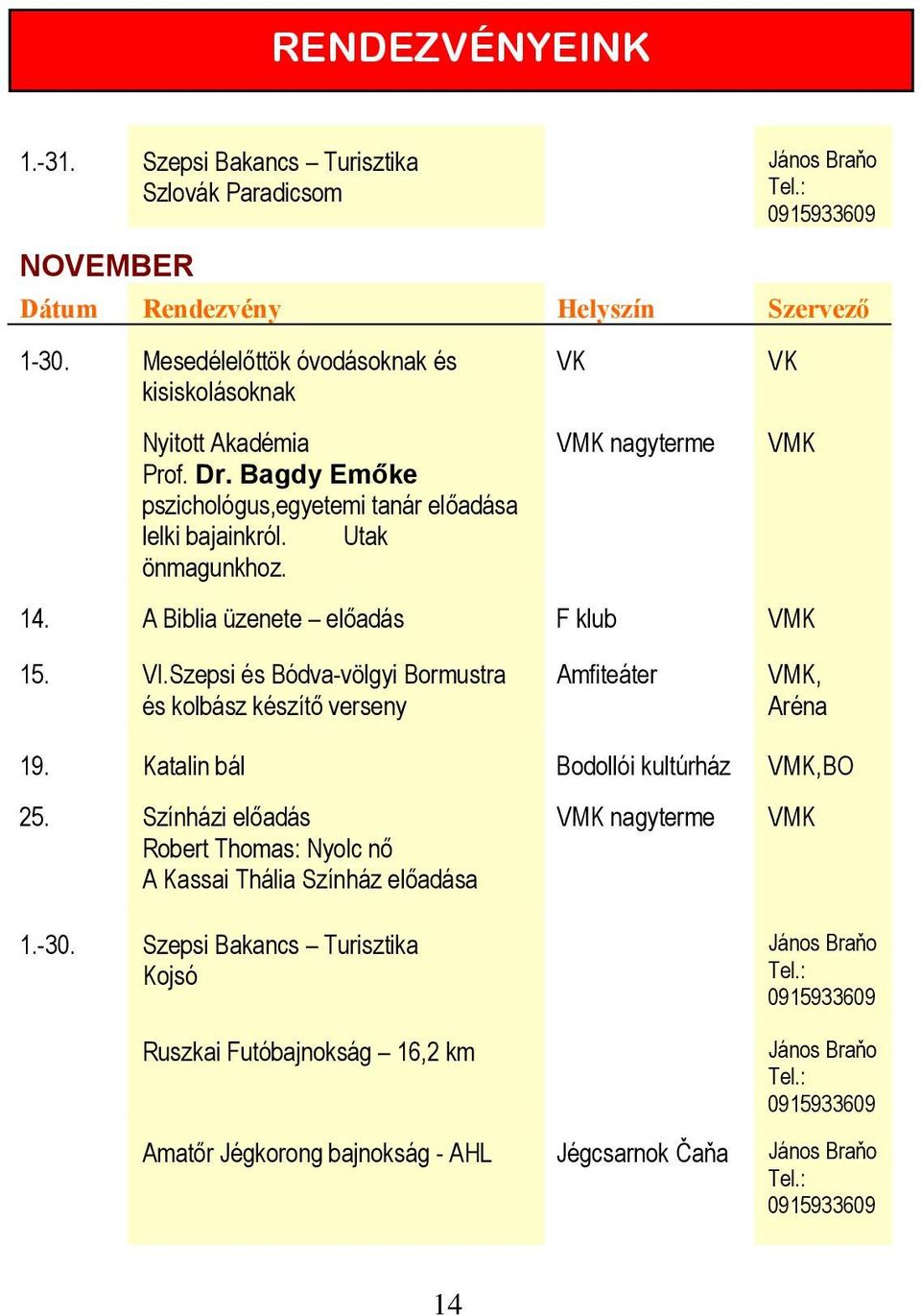 nagyterme 14. A Biblia üzenete előadás F klub 15. VI.Szepsi és Bódva-völgyi Bormustra és kolbász készítő verseny Amfiteáter, Aréna 19.