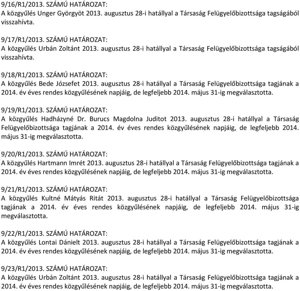 augusztus 28-i hatállyal a Társaság Felügyelőbizottsága tagjának a 9/19/R1/2013. SZÁMÚ HATÁROZAT: A közgyűlés Hadházyné Dr. Burucs Magdolna Juditot 2013.