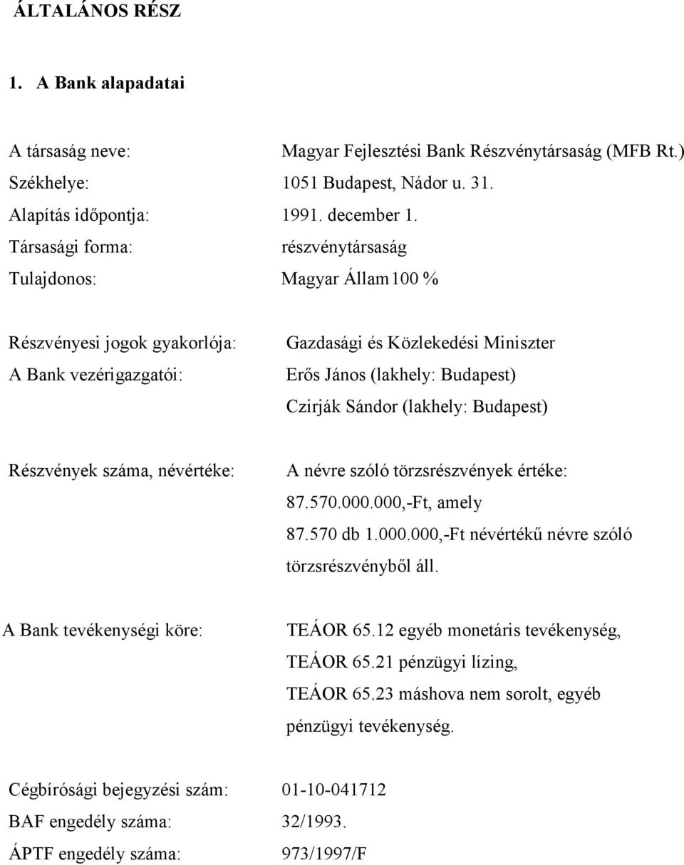(lakhely: Budapest) Részvények száma, névértéke: A névre szóló törzsrészvények értéke: 87.570.000.000,-Ft, amely 87.570 db 1.000.000,-Ft névértékű névre szóló törzsrészvényből áll.