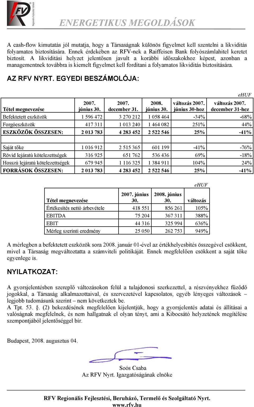 A likviditási helyzet jelentősen javult a korábbi időszakokhoz képest, azonban a managementnek továbbra is kiemelt figyelmet kell fordítani a folyamatos likviditás biztosítására. AZ RFV NYRT.