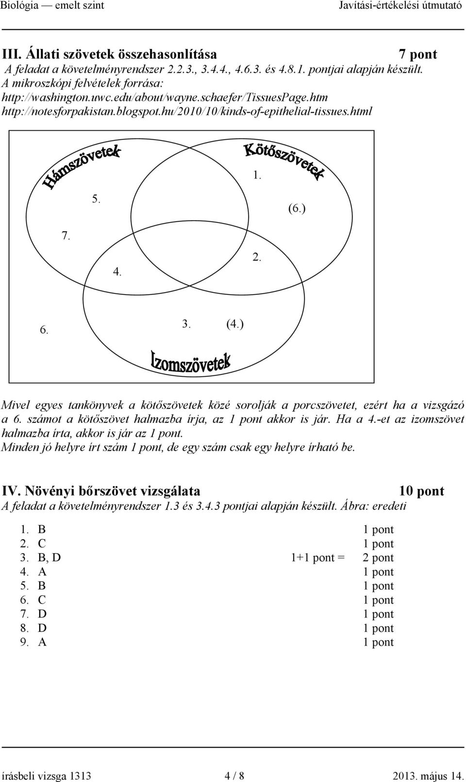 ) Mivel egyes tankönyvek a kötőszövetek közé sorolják a porcszövetet, ezért ha a vizsgázó a 6. számot a kötőszövet halmazba írja, az akkor is jár. Ha a 4.