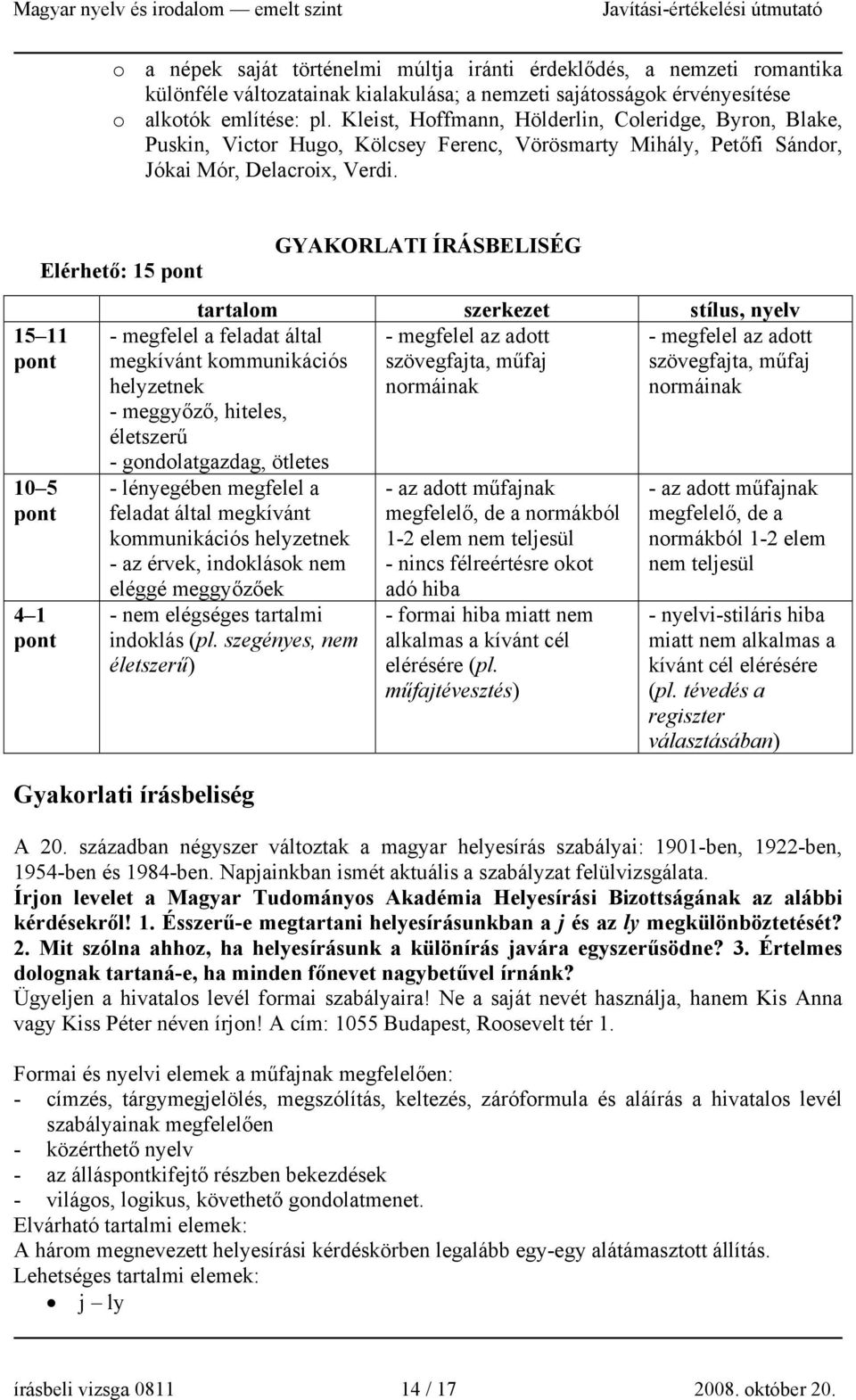 15 11 10 5 4 1 Elérhető: 15 - megfelel a feladat által megkívánt kommunikációs helyzetnek - meggyőző, hiteles, életszerű - gondolatgazdag, ötletes - lényegében megfelel a feladat által megkívánt