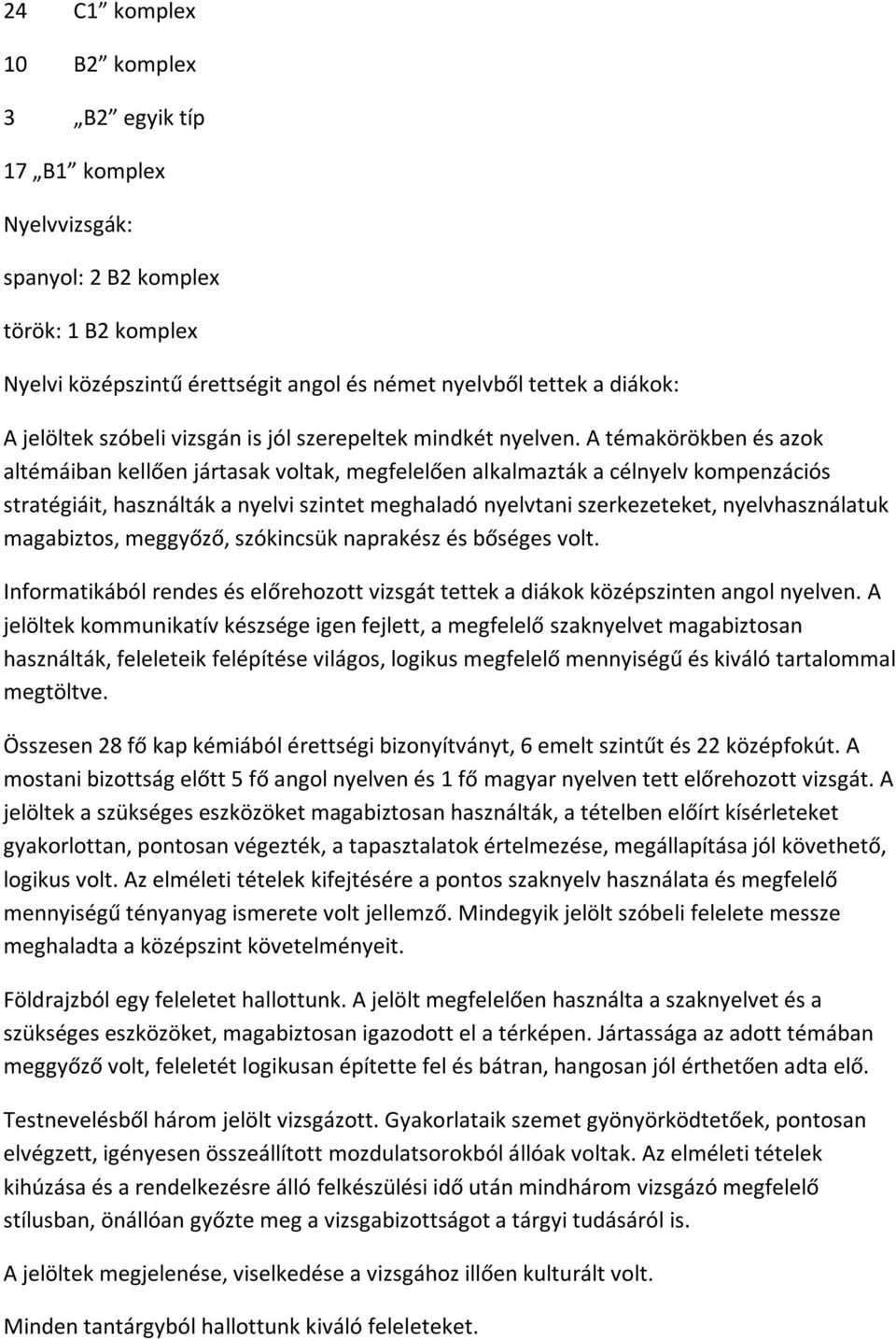 A témakörökben és azok altémáiban kellően jártasak voltak, megfelelően alkalmazták a célnyelv kompenzációs stratégiáit, használták a nyelvi szintet meghaladó nyelvtani szerkezeteket, nyelvhasználatuk