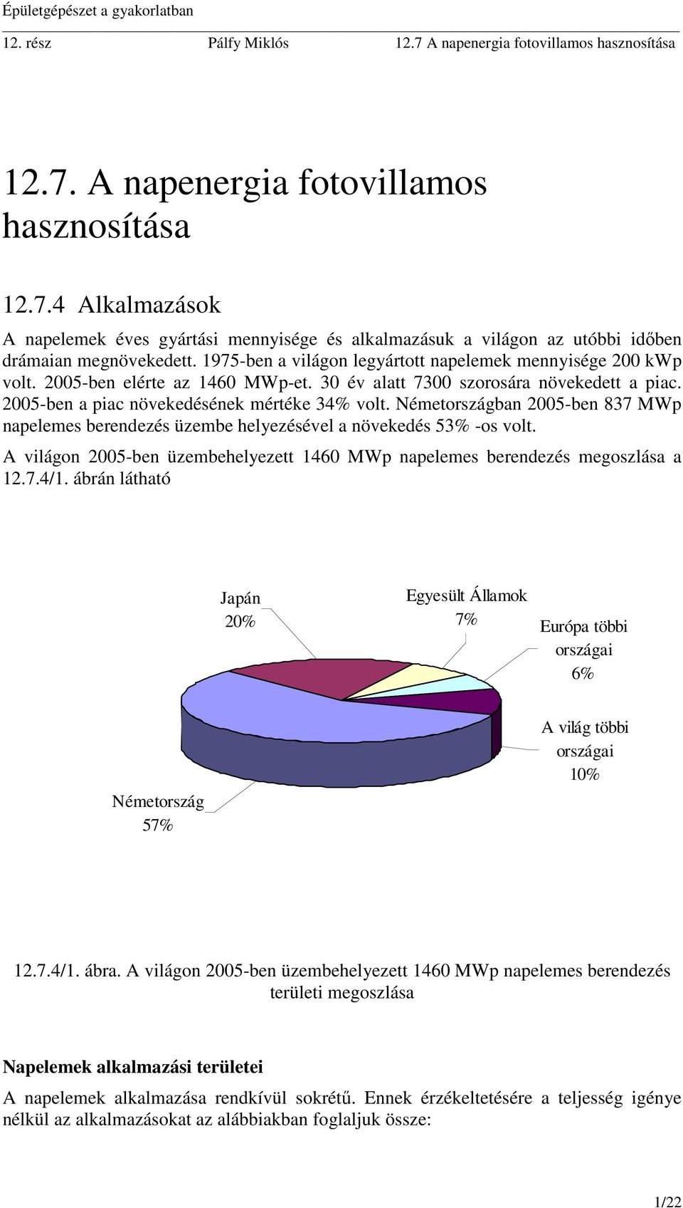 Németországban 2005-ben 837 MWp napelemes berendezés üzembe helyezésével a növekedés 53% -os volt. A világon 2005-ben üzembehelyezett 1460 MWp napelemes berendezés megoszlása a 12.7.4/1.