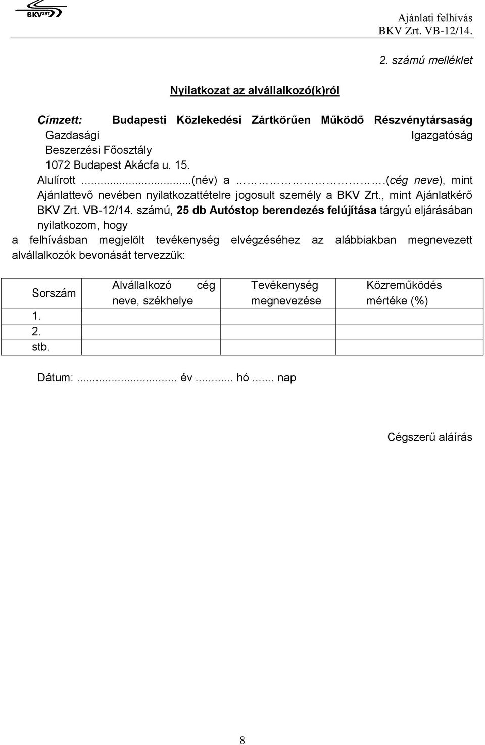 , mint Ajánlatkérő számú, 25 db Autóstop berendezés felújítása tárgyú eljárásában nyilatkozom, hogy a felhívásban megjelölt tevékenység elvégzéséhez az