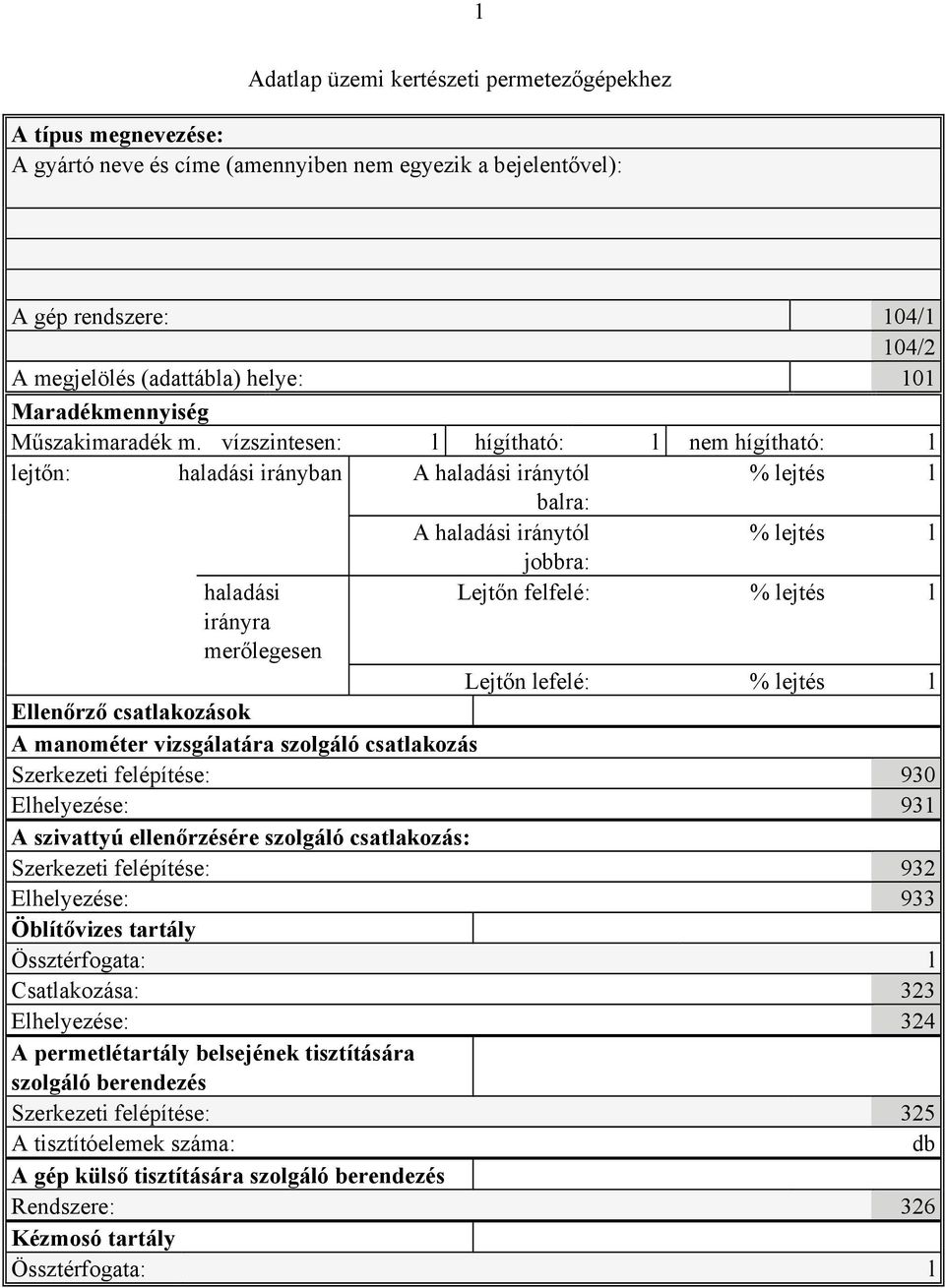 merőlegesen Lejtőn lefelé: % lejtés l Ellenőrző csatlakozások A manométer vizsgálatára szolgáló csatlakozás Szerkezeti felépítése: 930 Elhelyezése: 931 A szivattyú ellenőrzésére szolgáló csatlakozás: