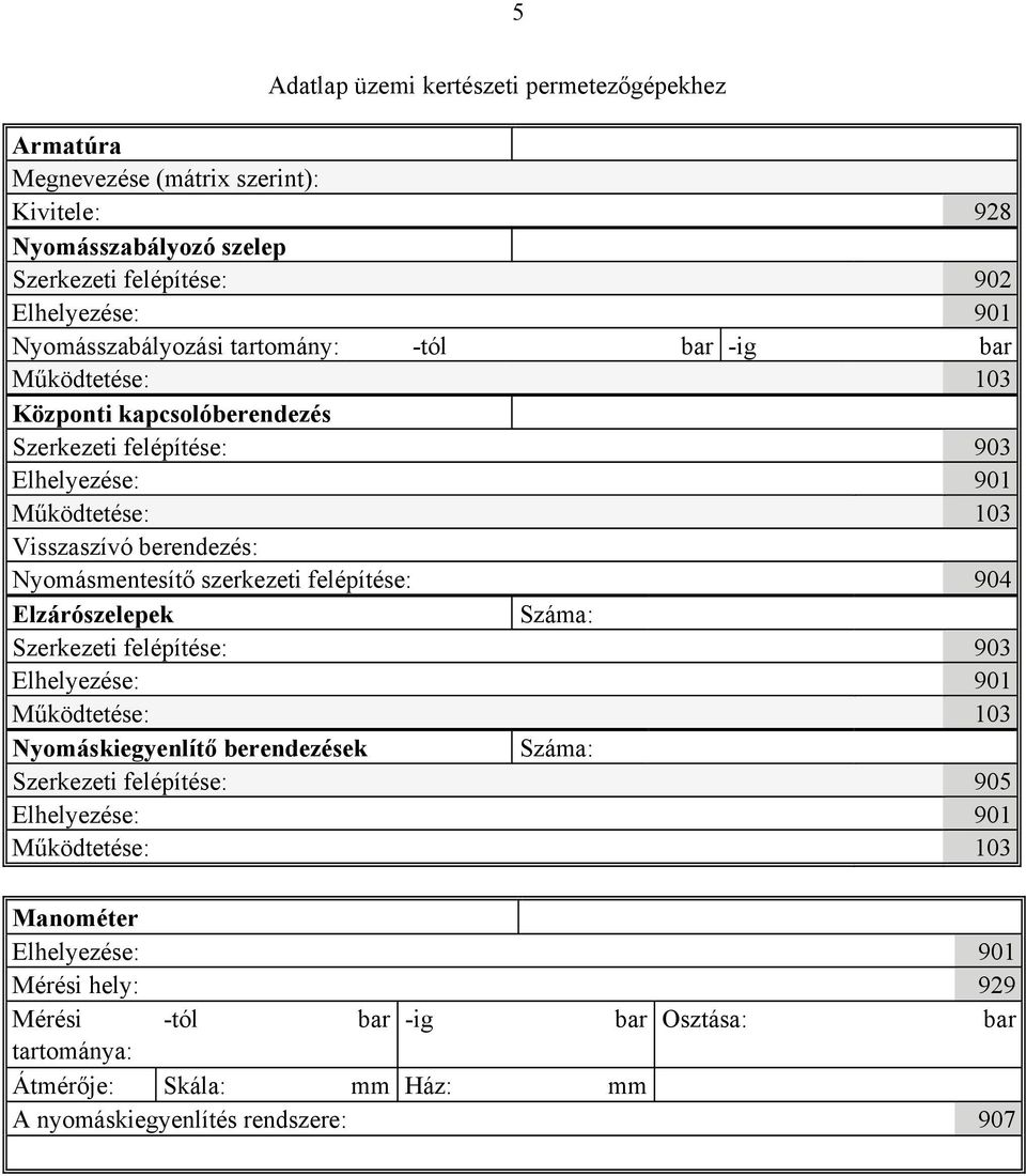 Elzárószelepek Száma: Szerkezeti felépítése: 903 Működtetése: 103 Nyomáskiegyenlítő berendezések Száma: Szerkezeti felépítése: 905