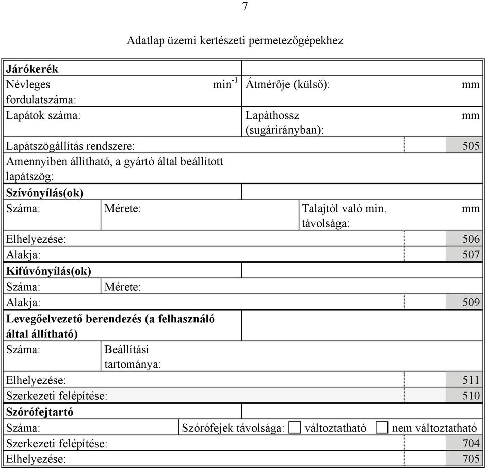 mm távolsága: Elhelyezése: 506 Alakja: 507 Kifúvónyílás(ok) Száma: Mérete: Alakja: 509 Levegőelvezető berendezés (a felhasználó által