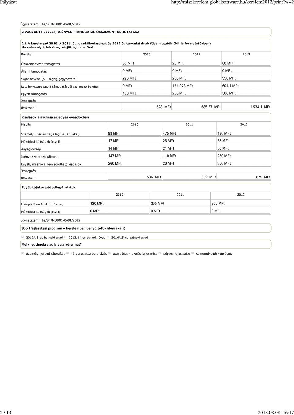 Bevétel 2010 2011 2012 Önkormányzati támogatás Állami támogatás Saját bevétel (pl.
