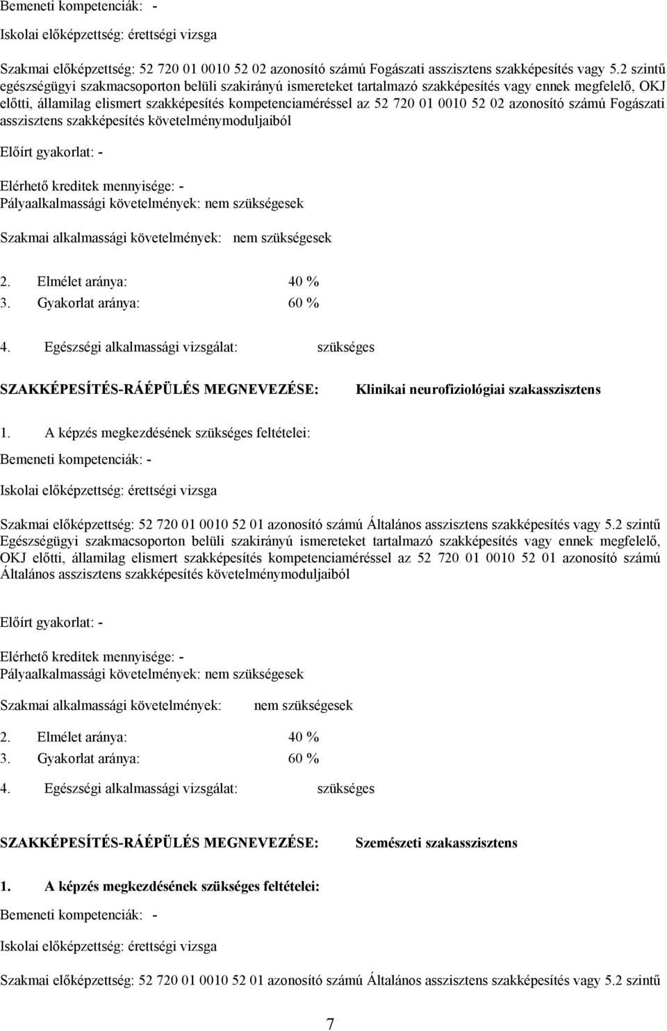 52 02 azonosító számú Fogászati asszisztens szakképesítés követelménymoduljaiból Előírt gyakorlat: - Elérhető kreditek mennyisége: - Pályaalkalmassági követelmények: nem szükségesek Szakmai