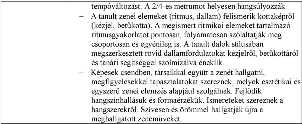 A tanult dalok stílusában megszerkesztett rövid dallamfordulatokat kézjelről, betűkottáról és tanári segítséggel szolmizálva éneklik.