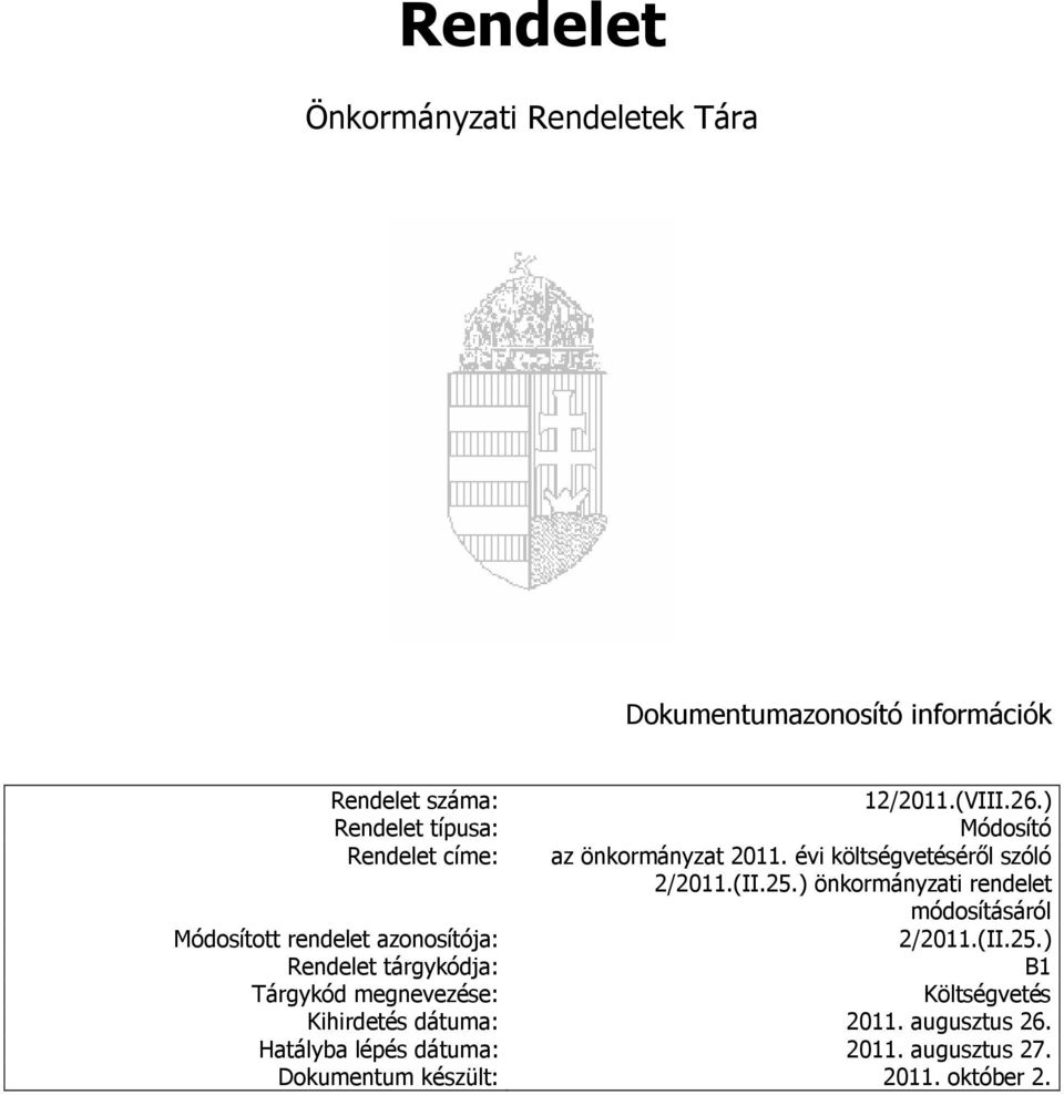 ) önkormányzati rendelet módosításáról Módosított rendelet azonosítója: 2/2011.(II.25.