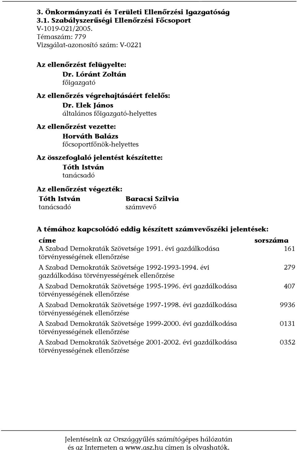 Elek János általános főigazgató-helyettes Az ellenőrzést vezette: Horváth Balázs főcsoportfőnök-helyettes Az összefoglaló jelentést készítette: Tóth István tanácsadó Az ellenőrzést végezték: Tóth