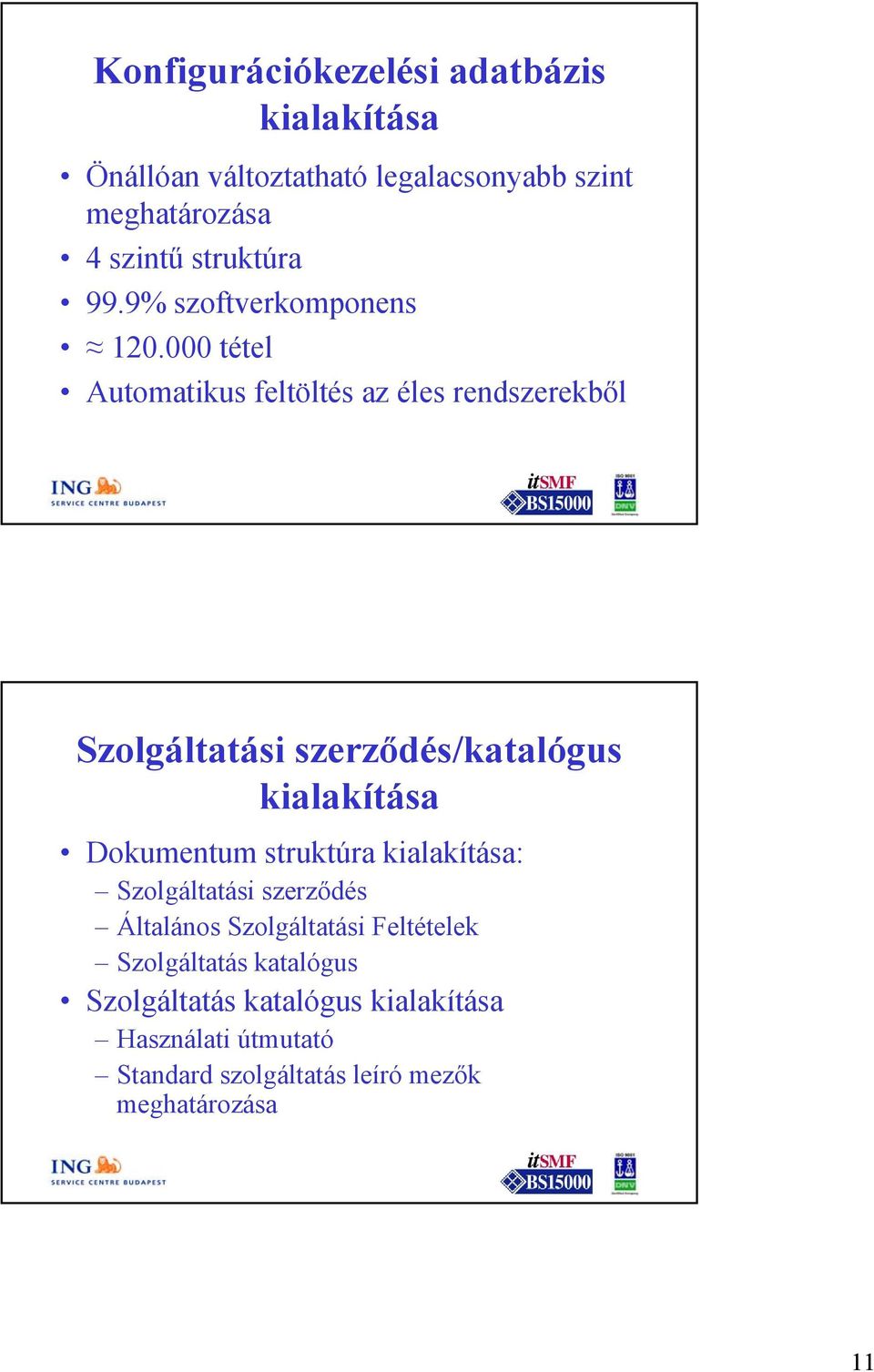 000 tétel Automatikus feltöltés az éles rendszerekből Szolgáltatási szerződés/katalógus kialakítása Dokumentum