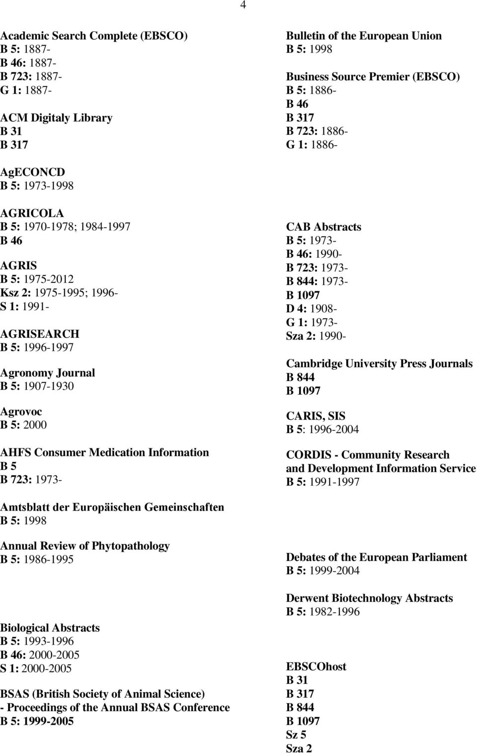 Information : 1973- CAB Abstracts : 1973- : 1990- : 1973- : 1973- D 4: 1908- G 1: 1973- Sza 2: 1990- Cambridge University Press Journals CARIS, SIS : 1996-2004 CORDIS - Community Research and