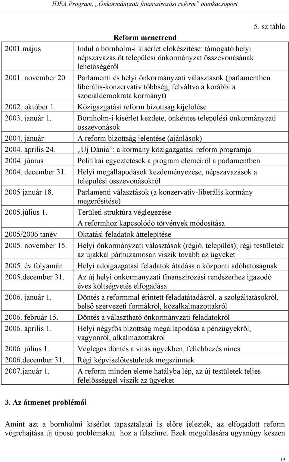 Közigazgatási reform bizottság kijelölése 2003. január 1. Bornholm-i kísérlet kezdete, önkéntes települési önkormányzati összevonások 2004. január A reform bizottság jelentése (ajánlások) 2004.