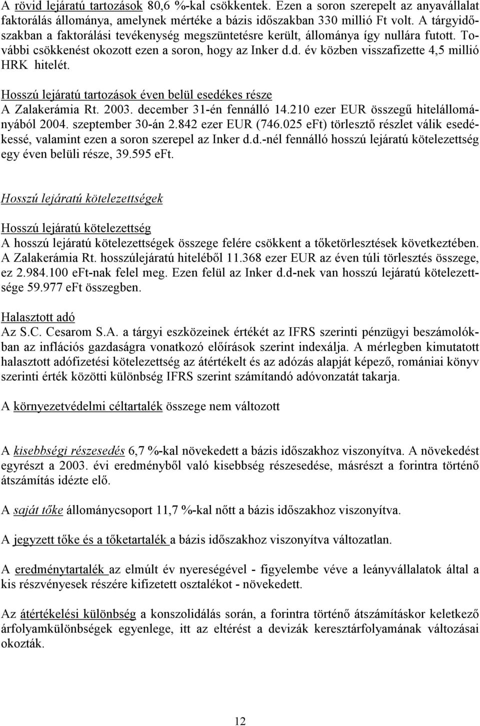 Hosszú lejáratú tartozások éven belül esedékes része A Zalakerámia Rt. 2003. december 31-én fennálló 14.210 ezer EUR összegű hitelállományából 2004. szeptember 30-án 2.842 ezer EUR (746.