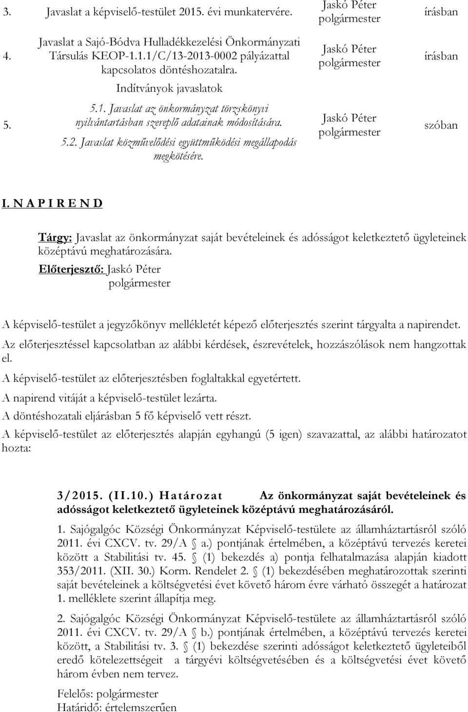 N A P I R E N D Tárgy: Javaslat az önkormányzat saját bevételeinek és adósságot keletkeztető ügyleteinek középtávú meghatározására.