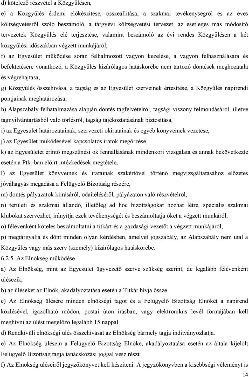 vagyon kezelése, a vagyon felhasználására és befektetésére vonatkozó, a Közgyűlés kizárólagos hatáskörébe nem tartozó döntések meghozatala és végrehajtása, g) Közgyűlés összehívása, a tagság és az