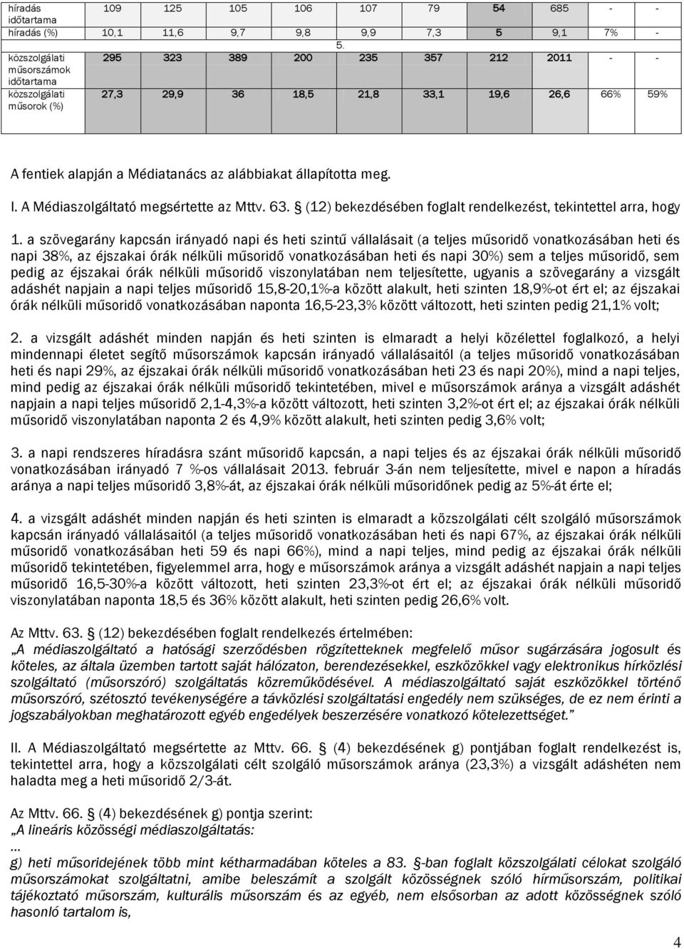 állapította meg. I. A Médiaszolgáltató megsértette az Mttv. 63. (12) bekezdésében foglalt rendelkezést, tekintettel arra, hogy 1.