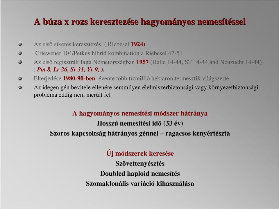 Elterjedése 1980-90-ben: évente több tízmillió hektáron termesztik világszerte Az idegen gén bevitele ellenére semmilyen élelmiszerbiztonsági vagy környezetbiztonsági probléma