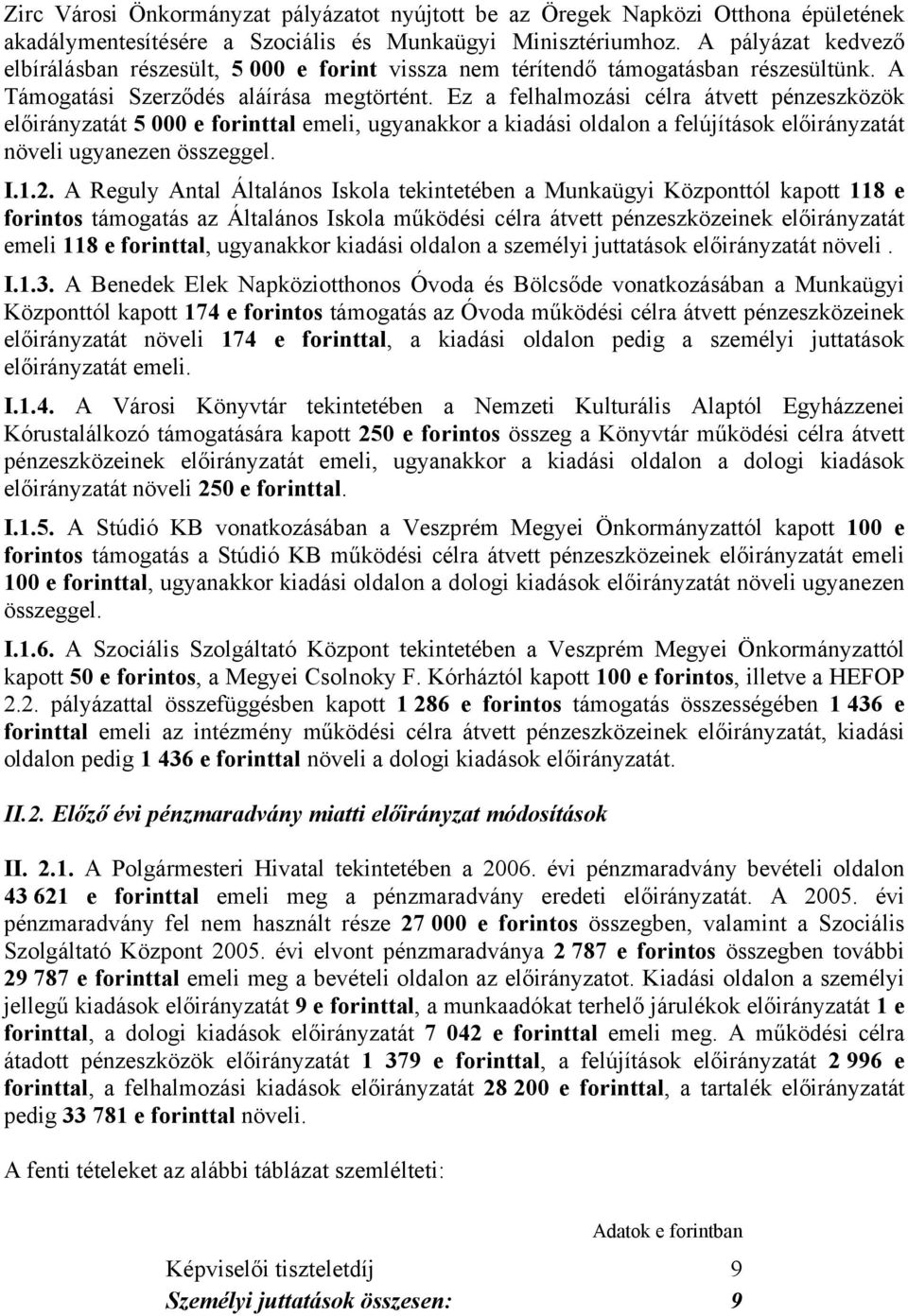 Ez a felhalmozási célra átvett pénzeszközök előirányzatát 5 000 e forinttal emeli, ugyanakkor a kiadási oldalon a felújítások előirányzatát növeli ugyanezen összeggel. I.1.2.