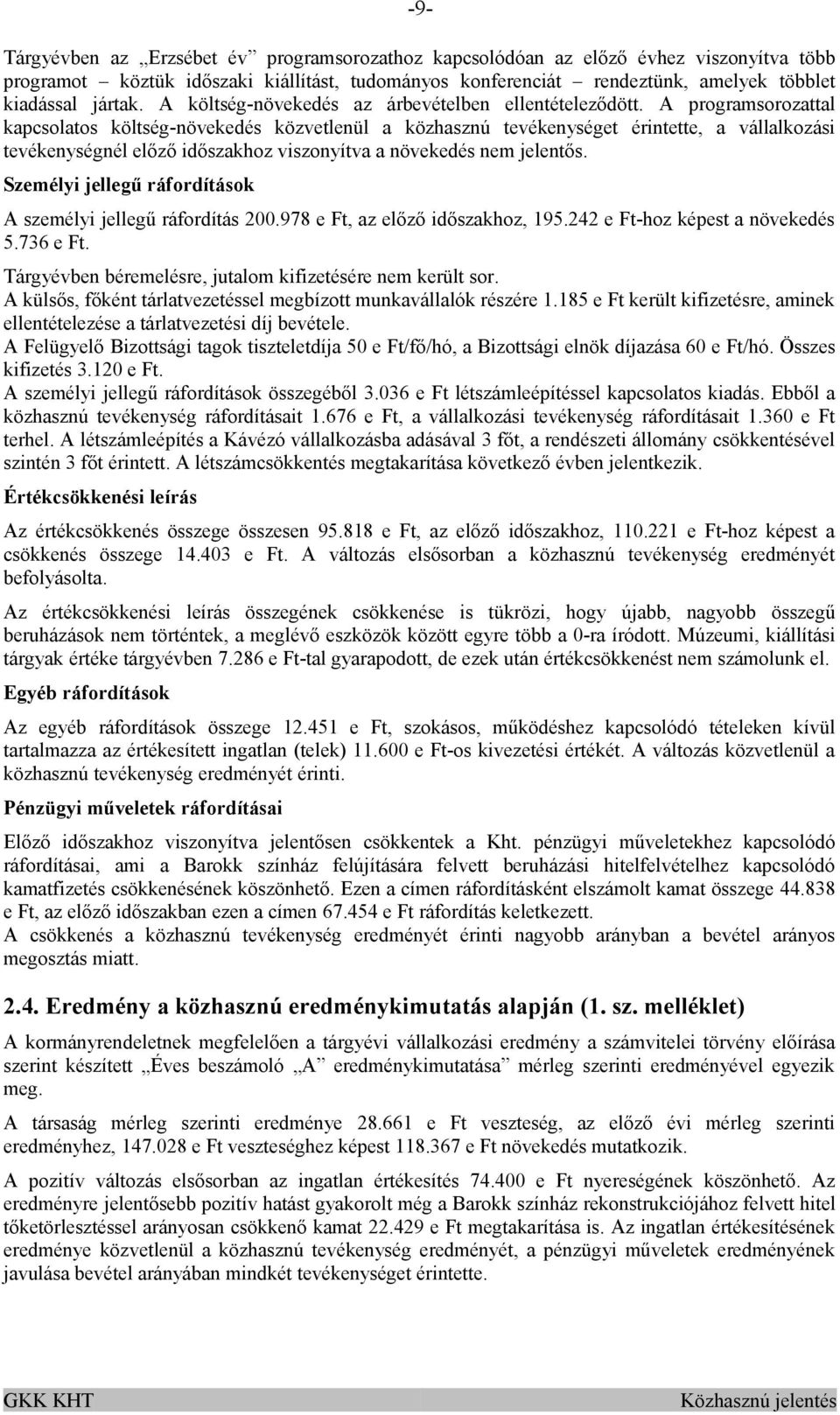 A programsorozattal kapcsolatos költség-növekedés közvetlenül a közhasznú tevékenységet érintette, a vállalkozási tevékenységnél előző időszakhoz viszonyítva a növekedés nem jelentős.