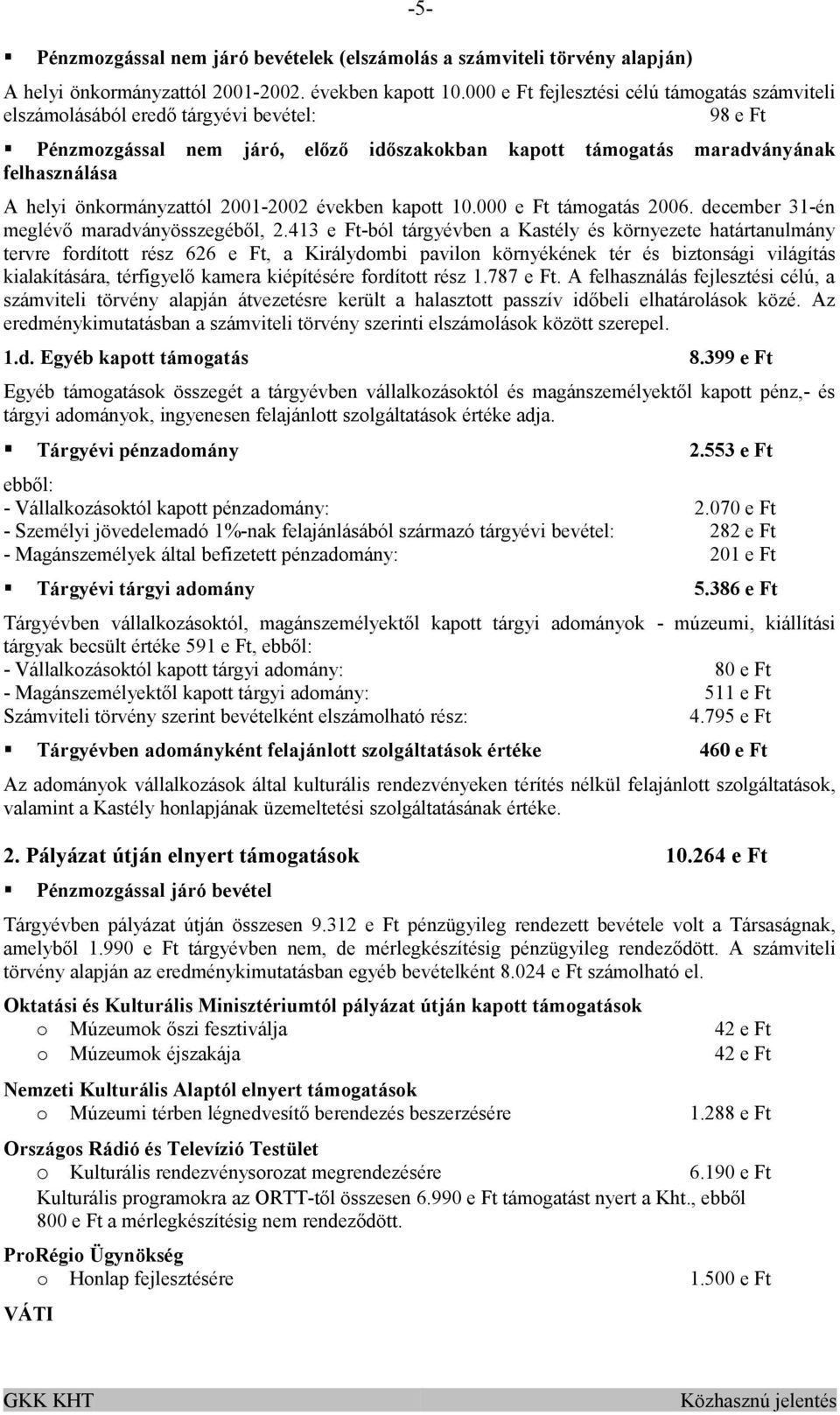 önkormányzattól 2001-2002 években kapott 10.000 e Ft támogatás 2006. december 31-én meglévő maradványösszegéből, 2.