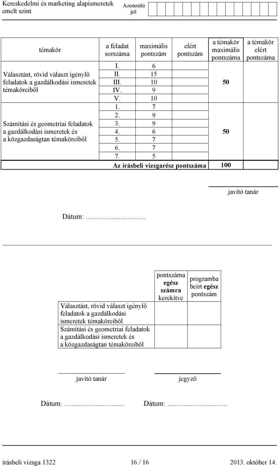 5 Az írásbeli vizsgarész pontszáma 100 a témakör elért pontszáma javító tanár Dátum:.