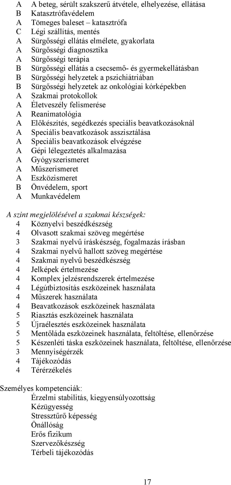 Életveszély felismerése Reanimatológia Előkészítés, segédkezés speciális beavatkozásoknál Speciális beavatkozások asszisztálása Speciális beavatkozások elvégzése Gépi lélegeztetés alkalmazása