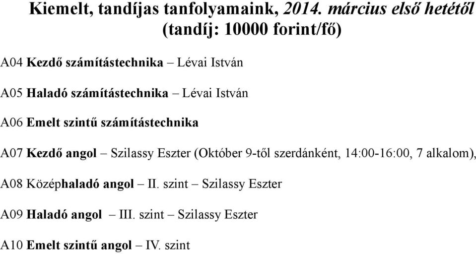 számítástechnika Lévai István A06 Emelt szintű számítástechnika A07 Kezdő angol Szilassy Eszter