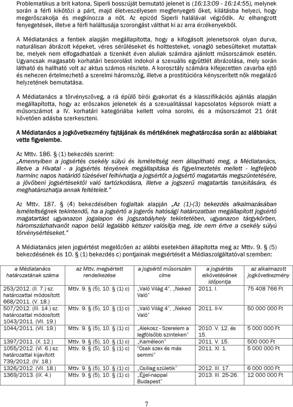 A Médiatanács a fentiek alapján megállapította, hogy a kifogásolt jelenetsorok olyan durva, naturálisan ábrázolt képeket, véres sérüléseket és holttesteket, vonagló sebesülteket mutattak be, melyek