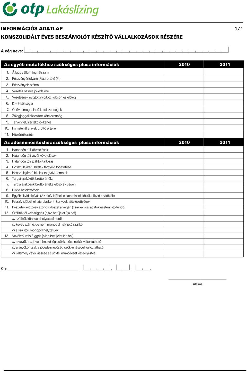 K + F költségei 7. Öt évet meghaladó kötelezettségek 8. Zálogjoggal biztosított kötelezettség 9. Terven felüli értékcsökkenés 10. Immateriális javak bruttó értéke 11.