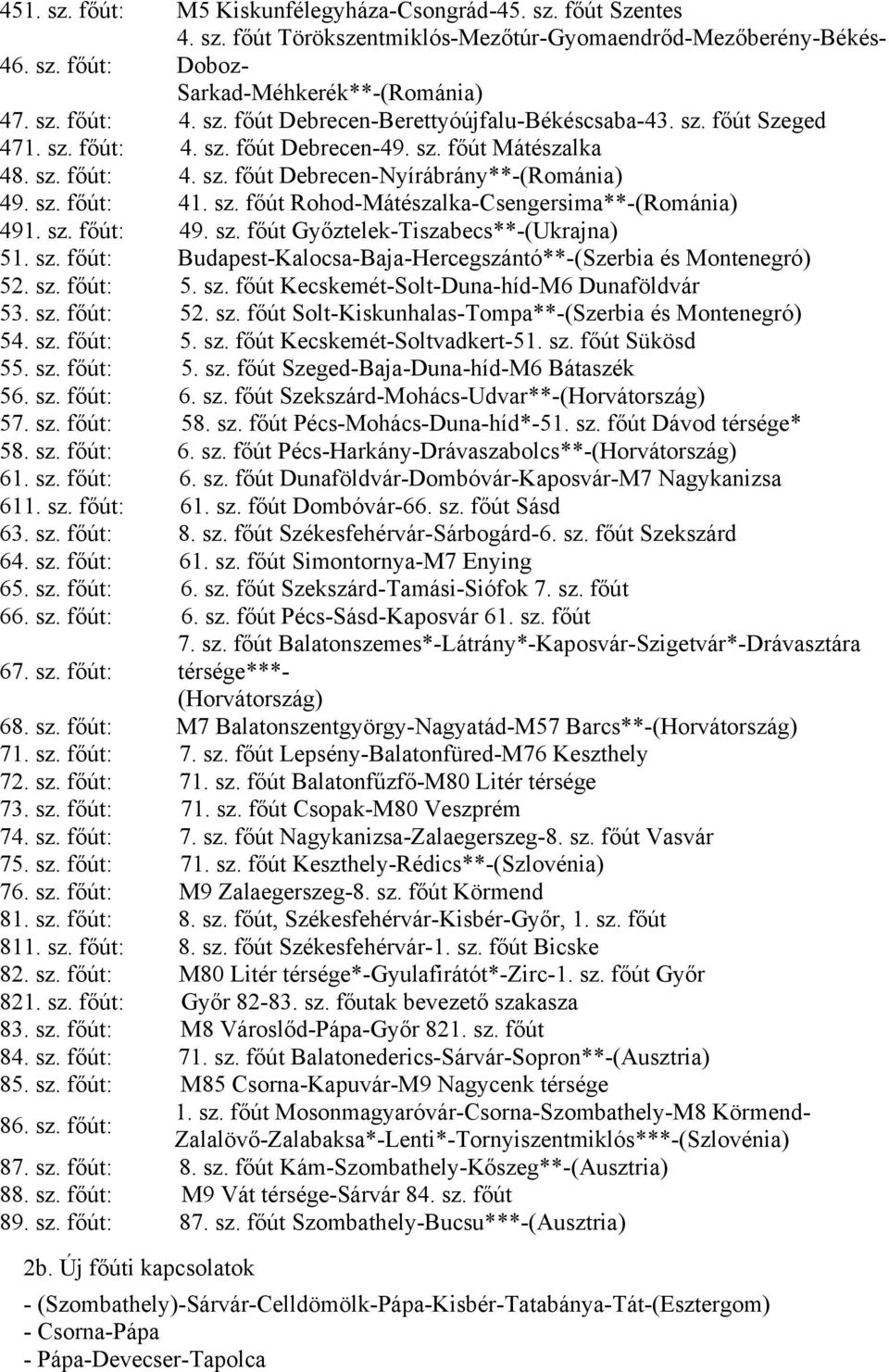 sz. főút Rohod-Mátészalka-Csengersima**-(Románia) 491. sz. főút: 49. sz. főút Győztelek-Tiszabecs**-(Ukrajna) 51. sz. főút: Budapest-Kalocsa-Baja-Hercegszántó**-(Szerbia és Montenegró) 52. sz. főút: 5.