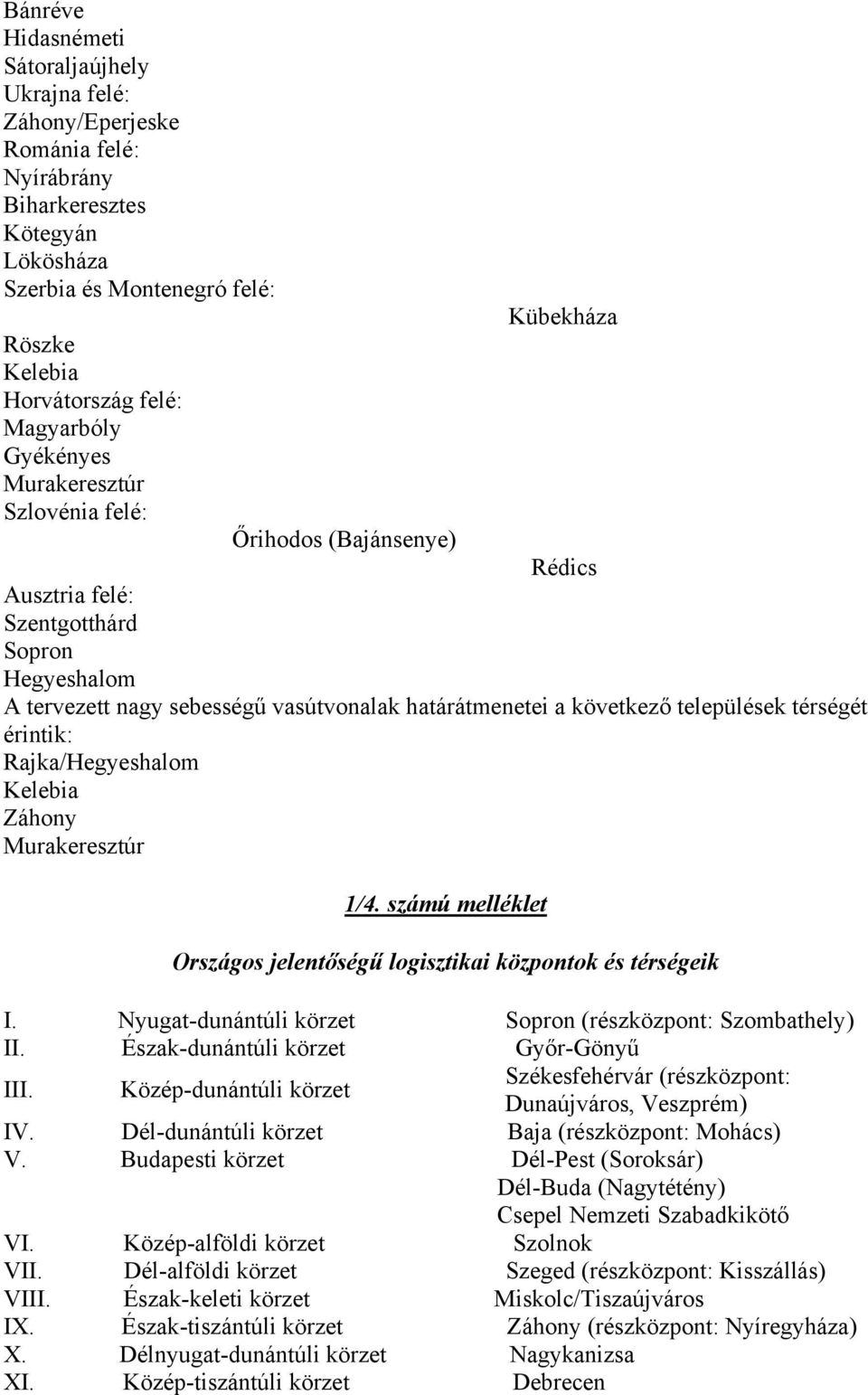 települések térségét érintik: Rajka/Hegyeshalom Kelebia Záhony Murakeresztúr 1/4. számú melléklet Országos jelentőségű logisztikai központok és térségeik I.