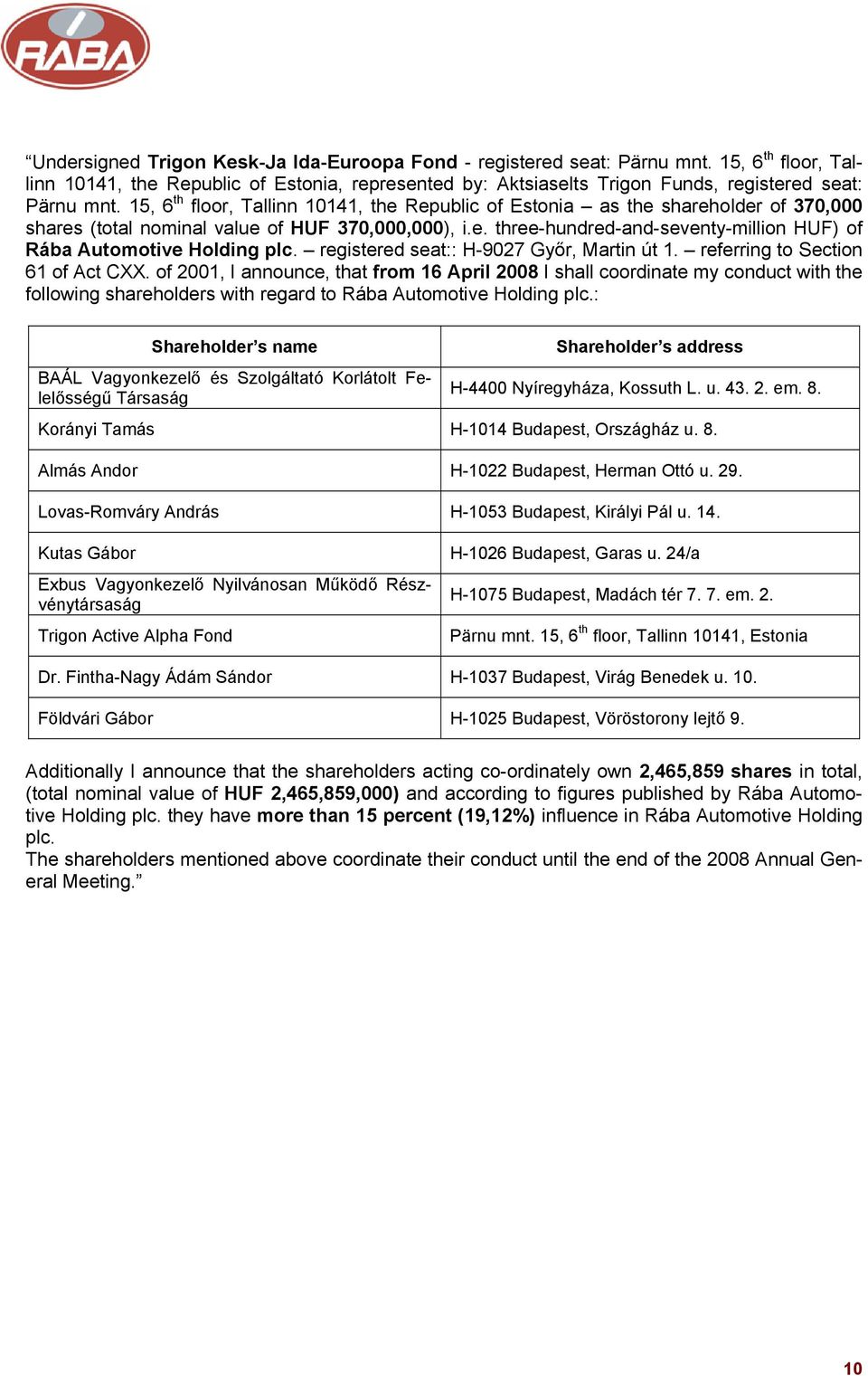 15, 6 th floor, Tallinn 10141, the Republic of Estonia as the shareholder of 370,000 shares (total nominal value of HUF 370,000,000), i.e. three-hundred-and-seventy-million HUF) of Rába Automotive Holding registered seat:: H-9027 Győr, Martin út 1.