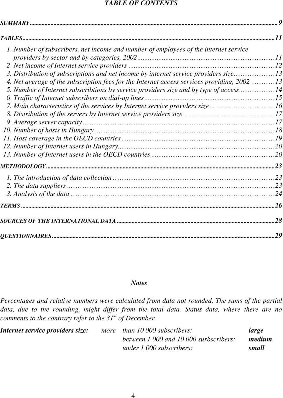 Net average of the subscription fees for the Internet access services providing, 2002... 13 5. Number of Internet subscribtions by service providers size and by type of access... 14 6.